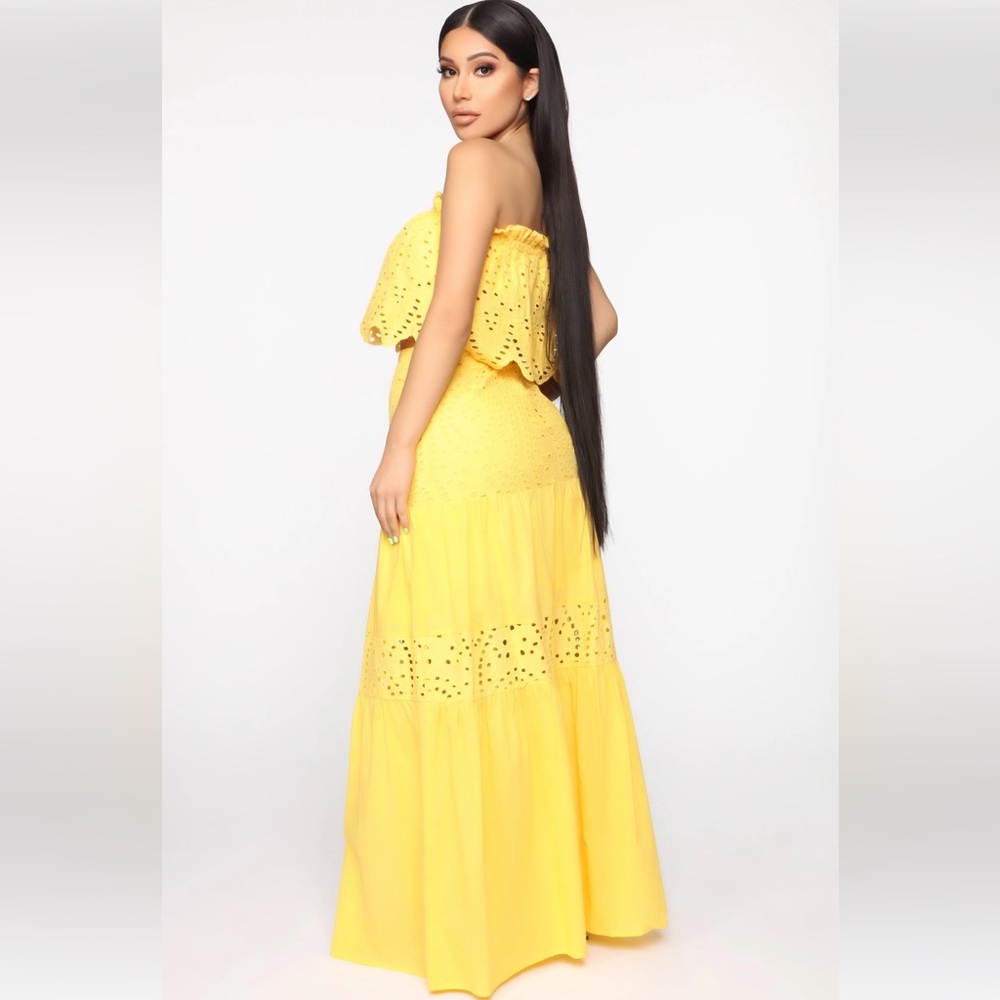 Fashion Nova Yellow Two-Piece Eyelet crochet Maxi Dress - Picture 3 of 7